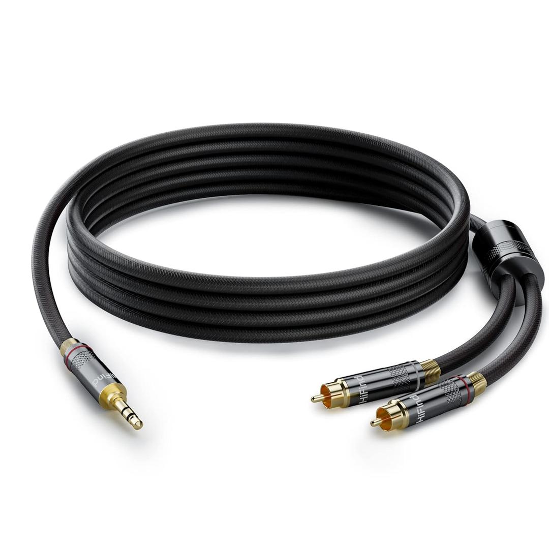 3.5mm to 2 RCA Stereo Audio Cable 10 Ft (Real Hi-Fi Sound-Silver Plated Copper-Spring SR-Braided) 3.5 mm 1/8" TRS Male to Dual RCA Male Bidirectional Cable for Home Theater,Speaker