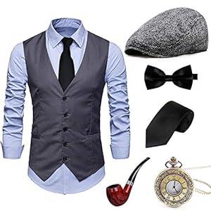 Gionforsy 1920s Mens Vest Accessories Gatsby Gangster Costume Accessories Set 20s Hat Suspenders Bow Tie Vintage Pocket Watch (Large, Gray)