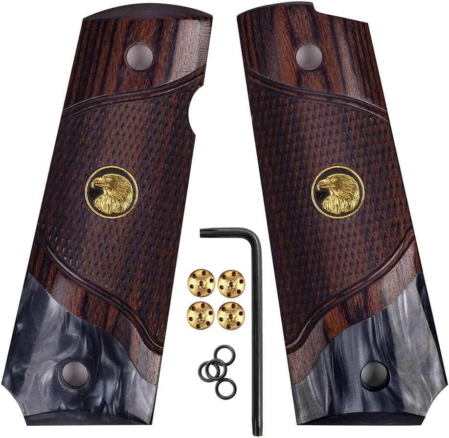 Cool Hand 1911 Wood Grips, Grips Gold Screws Included, Full Size (Government/Commander), Checker Diamond Cut or w/Patriotic US Logo or Honey Comb Texture, Ambi Safety Cut