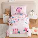 PERFEMET 4 Pieces Girls Toddler Bedding Set Pink Castle Fairy Tales Toddler Comforter Set Reversible Colorful Rainbow Princess Printed Toddler Bed Set with Sheets(Pink, Castle)