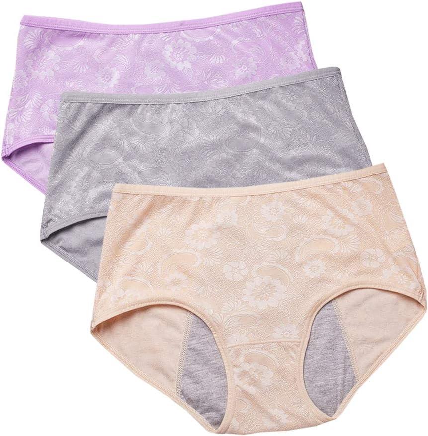 YOYI FASHION Women Menstrual Period Briefs Jacquard Easy Clean Panties 3 Pack US Size XXL/ 9, Gray, Nelumbo, Skin