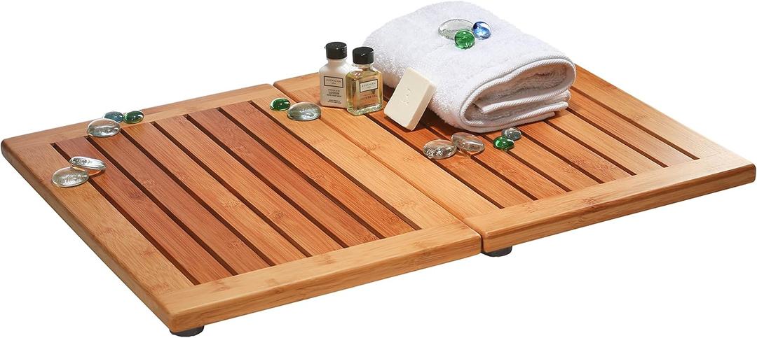 Bamboo Bath Mat - Foldable Wood Shower Mat, Non-Slip Bathroom Mat for Spa, Sauna, Pool, Indoor and Outdoor Use, Easy Storage, 24" x 18"