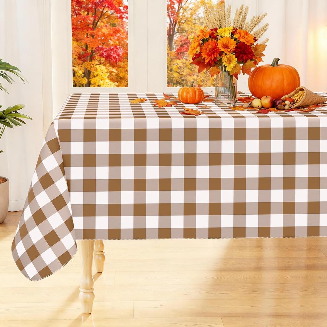 Smiry Rectangle Table Cloth, Waterproof Vinyl Tablecloth with Flannel Backing, Wipeable Buffalo Plaid Table Cover for Dining, Indoor and Outdoor (Brown & White, 52"x70")