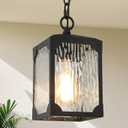Outdoor Pendant Light Fixture, Farmhouse Exterior Hanging Lights with Adjustable Chain, Black Ceiling Outdoor Light with Water Ripple Glass, Anti-Rust Lantern for Front Door, Entry, Porch, and Gazebo