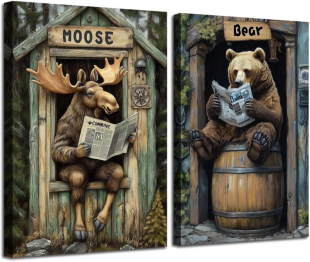 ZXHYWYM Farmhouse Animals Wall Art Set of 2 Bear Moose In Outhouse Toilet Wall Decor Funny Brown Animal Poster for Rustic Cabin Bathroom Frame (Teal, (12.00" x 16.00" x 2PCS))