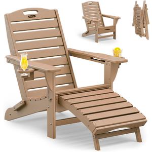 Folding Adirondack Chair with Retractable Ottoman Weather Resistant Fire Pit Chair Patio Chair with 2 Cup Holder Lawn Outdoor Lounge Chair (Teak)