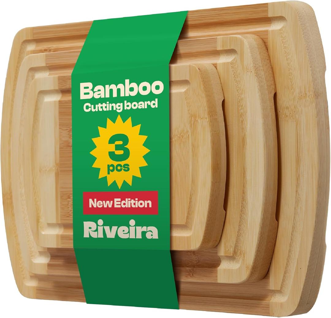 Riveira Two Tone Bamboo Wood Cutting Board  Versatile And Durable: Set Of 3 Pcs Rectangular Wooden Cutting Board  Natural Wooden Cutting Boards For Kitchen  Complete Bamboo Wooden Chopping Board