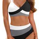 Aqua Eve Women's High Waisted Bikini - Twist Front Two Piece Swimsuits Full Coverage Color Block Bathing Suits 2025 Swimwear (Whtie Black Grey), Size: XXL