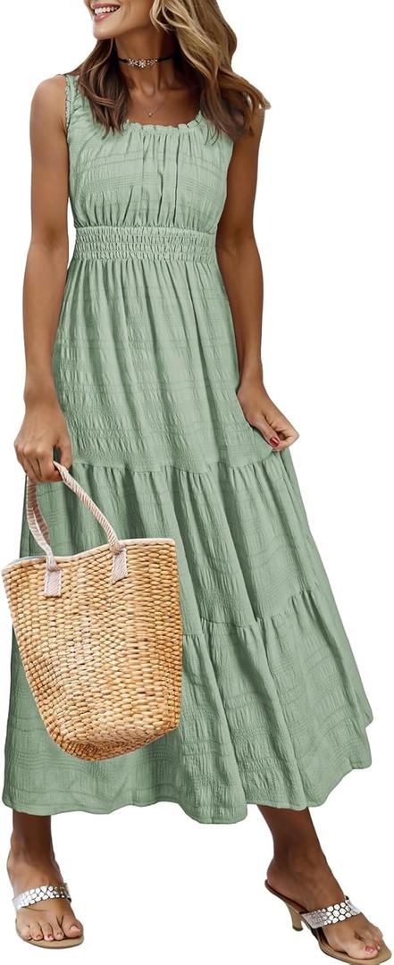 AlvaQ Women Summer Dresses Sleeveless Smocked Midi Dress High Waist Casual Tiered A Line Sundress with Pockets (Green, S)