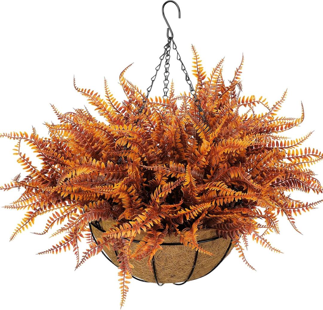 Fall Hanging Basket Artificial Boston Ferns Fall Porch Decor Outdoor Artificial Flowers 8 Bundle Faux Fern Plant Fake Silk Greenery Flower UV Resistant Realistic Shrub Bushes Autumn Home Table Decor