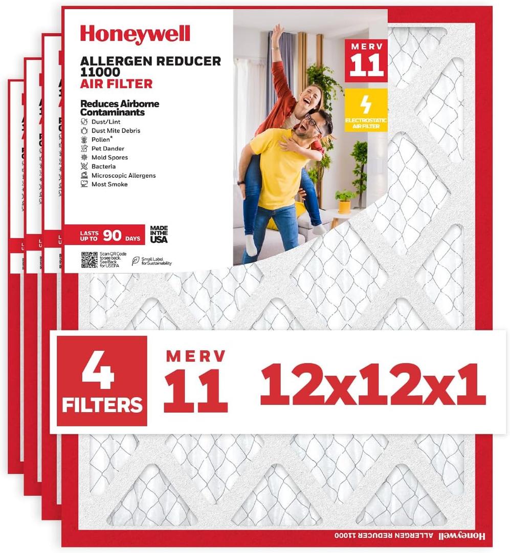 Honeywell 12x12x1 MERV 11 Allergen Reducer 11000 Electrostatic Pleated HVAC AC Furnace Air Filter (4-Pack) | Replacement Filter for Home Use | Made in USA