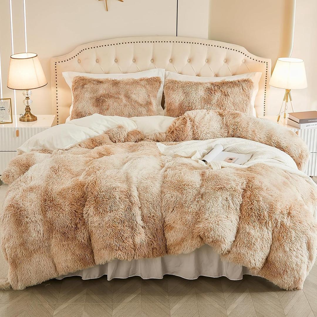 EMME Luxury Khaki Fuzzy Duvet Cover Set Twin Size Fluffy Comforter Cover Set 2 Pieces Shaggy and Plush Soft Bedding Duvet Covers (Tie Dye Khaki, Twin)