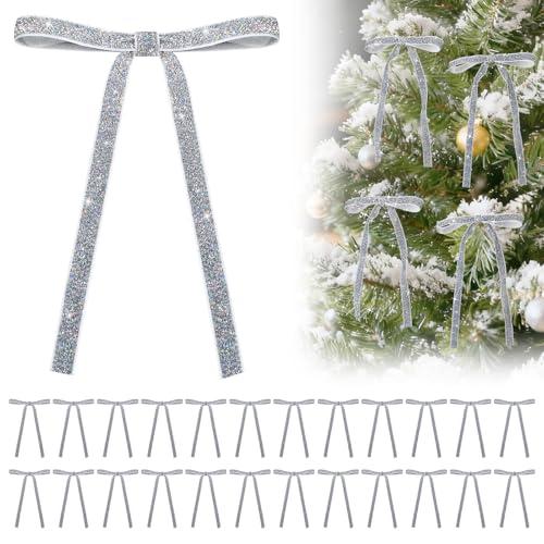 24Pcs Glitter Velvet Bows for Christmas Tree Decorations - 5x7in Velvet Ornaments with Tie for Christmas Wreath Garland, Sliver