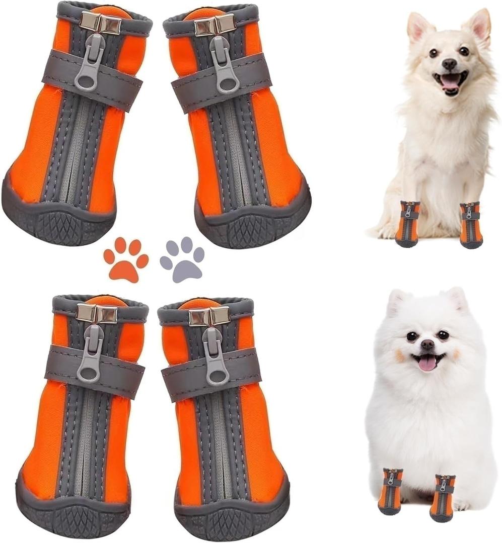 Dog Shoes for Small Dogs, Puppy Dog Boots & Paw Protector for Winter Snow Day, Summer Hot Pavement, Waterproof in Rain Weather, Ourdoor Hiking, Indoor Hardfloors with Anti Slip Sole 4PCS/Set (#4 (width 1.69 inch) for 15-21 lbs)