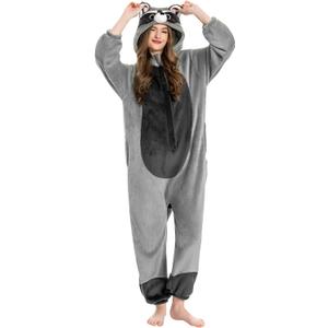 OLAOLA Adult Onesie, Flannel Unisex Animal Pajamas, Plush One Piece Sleepwear Cosplay Party Costume (Size Large, Grey Raccoon)