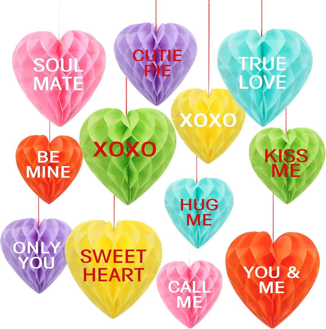 12 Pcs Valentines Conversation Heart Honeycomb Ball Decoration 3D Heart Tissue Paper Pom Pom Hanging Ornament for Galentines Day Tree Wall Indoor Decoration (Vintage Color)