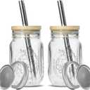 16oz Glass Mason Cup with Bamboo Lids, 2Pack Wide Mouth Mason Jars, Boba Cups with Lids and Straw, for Iced Coffee Juice Milkshake Tea 
