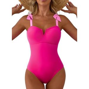 Aleumdr Women's One Piece Swimsuits Tummy Control Bathing Suits V Neck Boho Tie Shoulder Ruched Full Coverage Swimwear, L