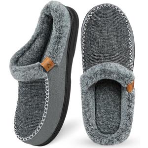 ATHMILE Men's Slippers Slip On Moccasin, Indoor Outdoor Warm Fuzzy Comfy House Shoes, Fluffy Wide Loafer Home Bedroom Slippers (13-14, Grey Black Wool)