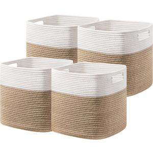 UBBCARE Set of 4 Storage Basket-13 X 13 X 13 in, Cotton Rope Basket for Shelves, Toys, Book, Cube Storage Bins with Handles, Woven Storage Basket for Organizing, White & Jute