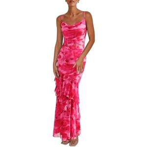 PRETTYGARDEN Maxi Dresses for Women 2025 Floral Beach Sundress Spaghetti Strap Tiered Summer Wedding Guest Long Dress, S
