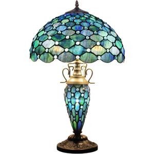 Tiffany Table Lamp Stained Glass Lamp 16X16X24 Inch Mother Daughter Antique Reading Lamp with Night Light (Sea Blue Pearl)