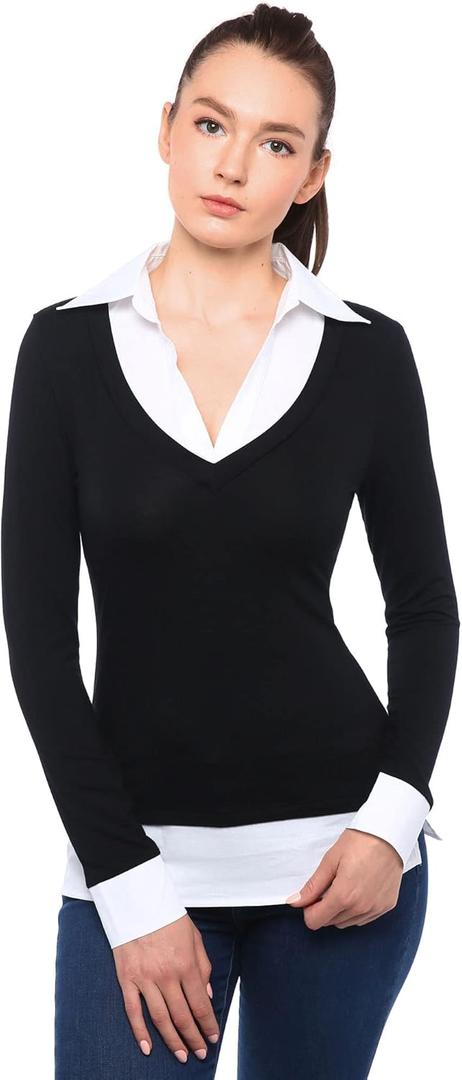 AmlieBoutik Women Faux Shirt 2 in 1 Style Long Sleeve Pullover Blouse Top (Large, Black)