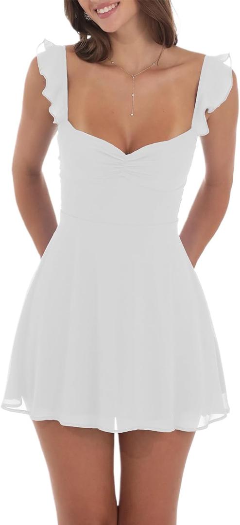 Women Summer Ruffle Sleeve Mini Dresses Solid Color Y2k Tie Back Coquette Strap A-Line Dress (Medium, White)