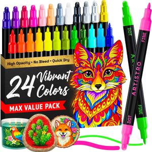 ARTISTRO 24 Precision Dual-Tip Acrylic Paint Markers Paint Pens Set with Dot & Fine Tips for Fabric, Rock, Glass, Wood, Coloring Books Classroom & Art Supplies Gift Teacher Appreciation Gift