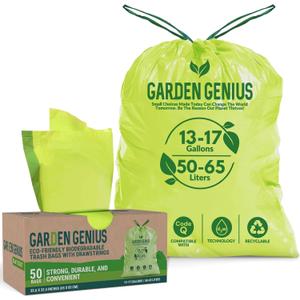 Biodegradable 13-17 Gallon Code-Q Trash Bags (50 Pack) | Strong Heavy-Duty Tall Green Kitchen Bags w/Drawstring | Fits Simplehuman & Standard Cans | Eco-Friendly D2W, 30 Micron Thick | 25.6" x 33.5"