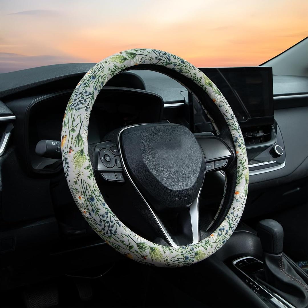 Faux Embroidery Flowers Steering Wheel Cover Auto Steering Wheel Protector, Anti-Slip, Breathable, Absorbing Sweat, Universal Floral Car Accessories 14.5-15 inch,Fit for Most Car, Trucks, SUV