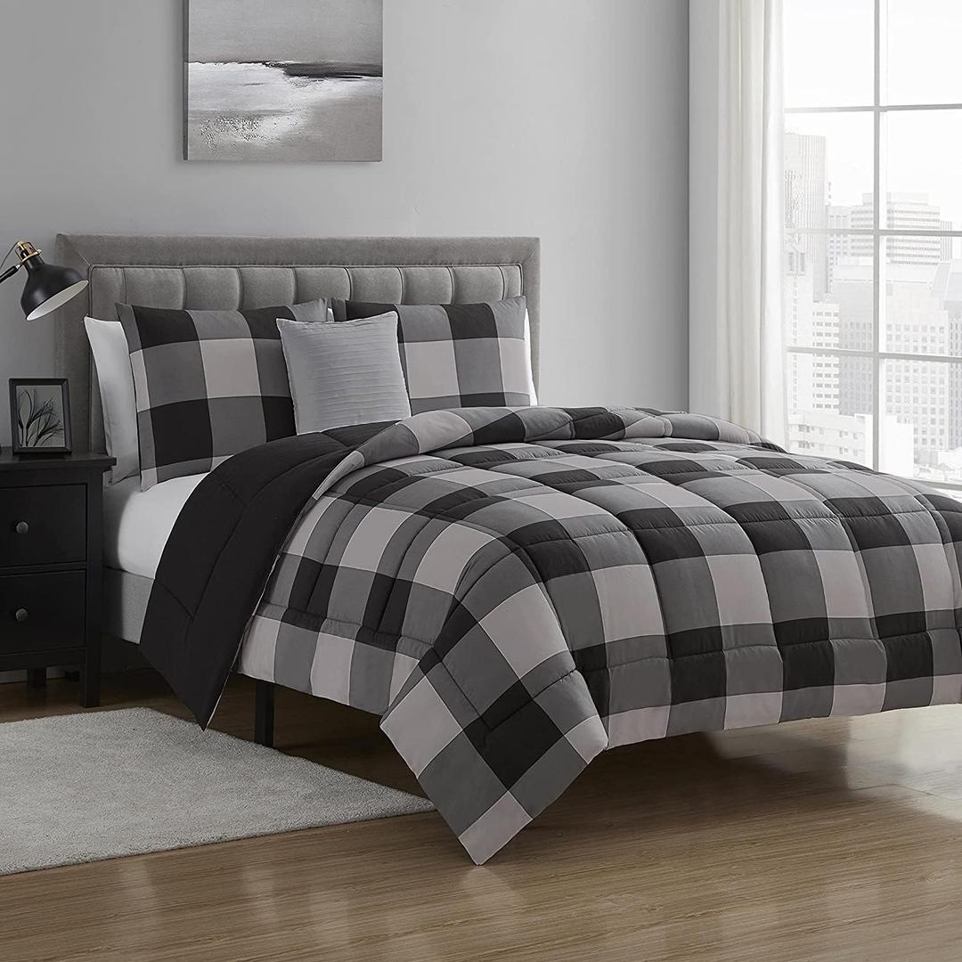 Sweet Home Collection 7 Piece Comforter Set Bag Solid Color All Season Soft Down Alternative Blanket & Luxurious Microfiber Bed Sheets, King, Buffalo Plaid Black/Gray (Pack of 4)
