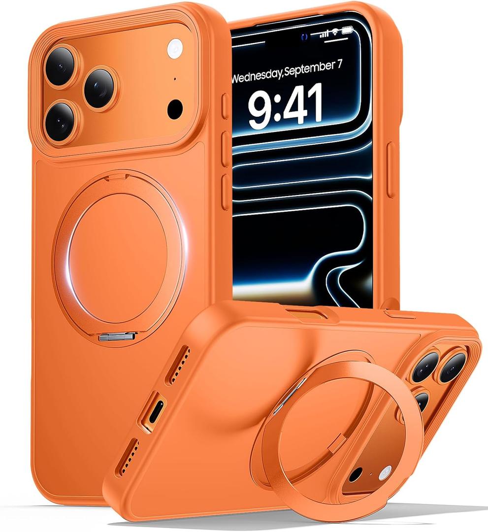 for iPhone 17 Pro Case with Stand Orange, Fits MagSafe Ring, Military-Grade Drop Protection, Build in Kickstand,Slim Matte Finish Shockproof Phone Cover 6.3"