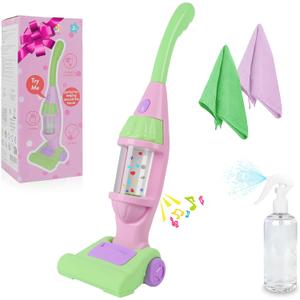 Kids Vacuum Cleaner Toy, Pink, Pretend Play Household Housekeeping Cleaner with Lights & Sounds, Includes Vacuum, Sprayer Bottle & 2 Cleaning Cloths, Age 3+