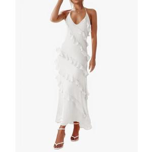 Wenrine Womens Sexy Chiffon Halter Maxi Dress Sleeveless Backless Ruffle Tassel Party Club Dresses XL