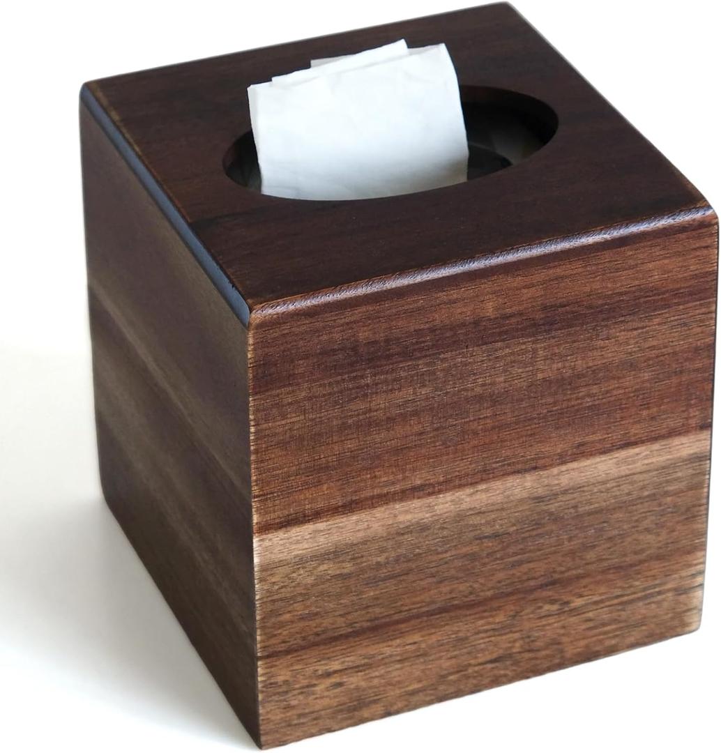 Wood Tissue Box Cover Acacia Wood Tissue Box Cover Square, Decorative Cube Facial Wooden Tissue Box Holder with Slide-Out Bottom for Bathroom, Bedroom, Dinner Table, Office, Kitchen (Natural)