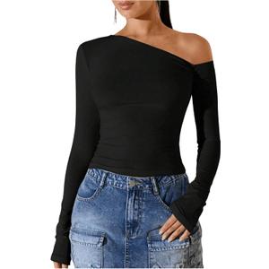 Floerns Women's Solid Asymmetrical Neck T Shirt Long Sleeve Slim Fit Crop Tops (Medium, Black)