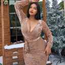 YMDUCH Women Sexy V Neck Long Sleeve Velvet Floral Bodycon Ruched Mini Cocktial Party Dress (Brown)