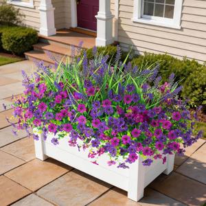 INQCMY Artificial Flowers for Outdoors Spring Summe 14 Bunches UV Resistant Silk Fake Plants Outside Indoor Lavender Ferns for Home Decor Patio Garden Back Yard Front Porch (Double Purple+Lavender)