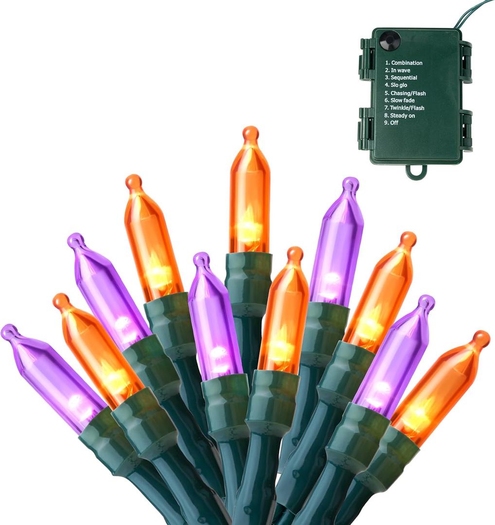 Joiedomi 16.3FT Orange&Purple Halloween Lights,250 Count Battery Operated Christmas String Tree Fairy LED Lights with 8 Modes,Multifunction Green Wire with Timer for Xmas Decor Party Holiday