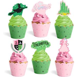 xo, Fetti Pink + Green Witch Cupcake Toppers + Wrappers - Set of 24 | Kids Cake Decoration, Popular Party Decor, Unlimited Wizard Supplies, Dessert Accessory