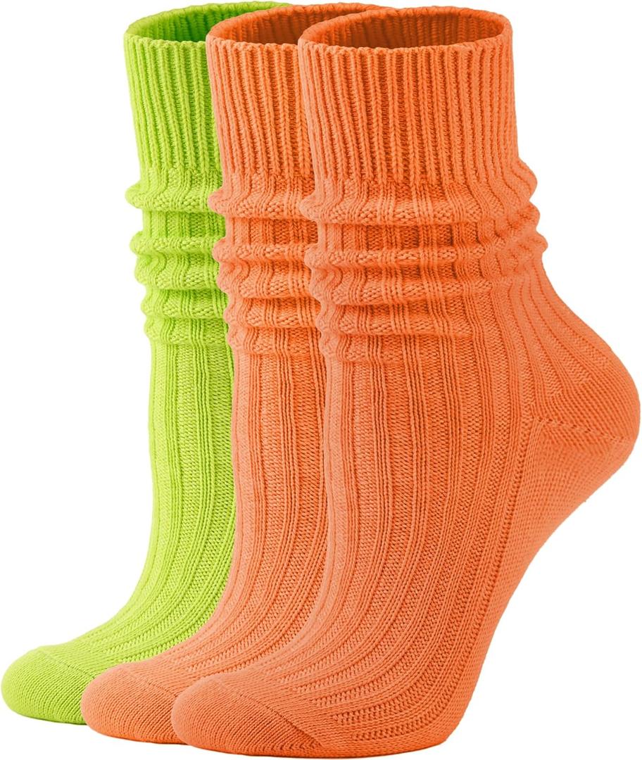 AugRing Women's Neon Scrunch Crew Socks 80s 90s Retro 3-Pack Cotton Stacked Boot Calf Cozy Ribbed Slouchy Socks Size 5-10 (2-neon Orange/1-neon Green)