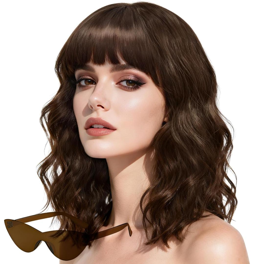 Wavy Wig and Sunglasses Set - 15 Inch Wavy Wig With Bangs - Heat Resistant Shoulder Length Curly Bob Wigs for Women - Bachelorette Party Costume Cosplay (Brown)