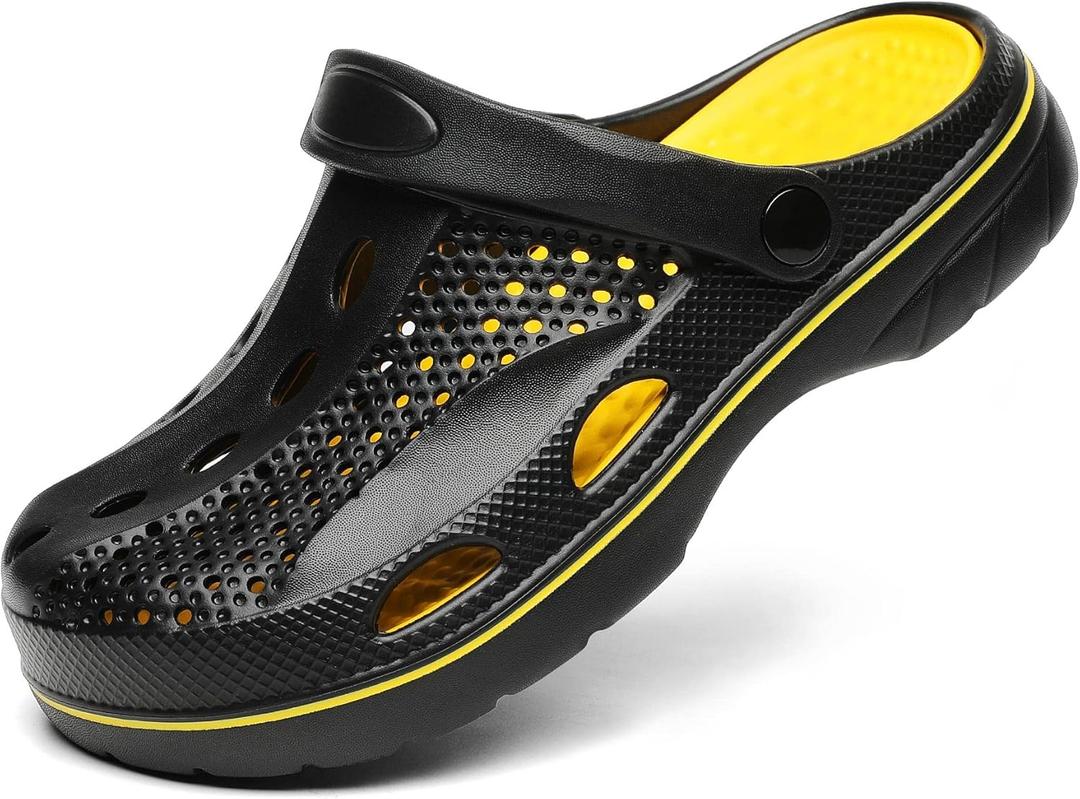 SOSOWHLTE Men's and Women's Arch Support Clogs Garden Shoes Slip-on Outdoor Beach Slippers with Removable Cushion Insole (14-15 Wide Women/12-13 Wide Men, Black and Gold)