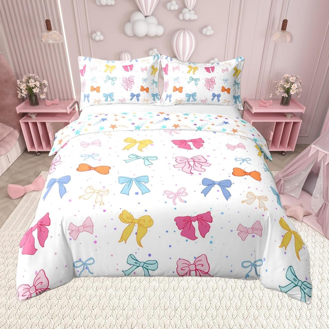 Pink White Bowknot Duvet Cover Twin Size,Multicolor Bow Girls Teens Duvet Set with 1 Pillowcase,Princess Style Bedding Set,Butterfly Knot Watercolor Polka Dot Comforter Cover,Not Comforter (White Blue Orange)