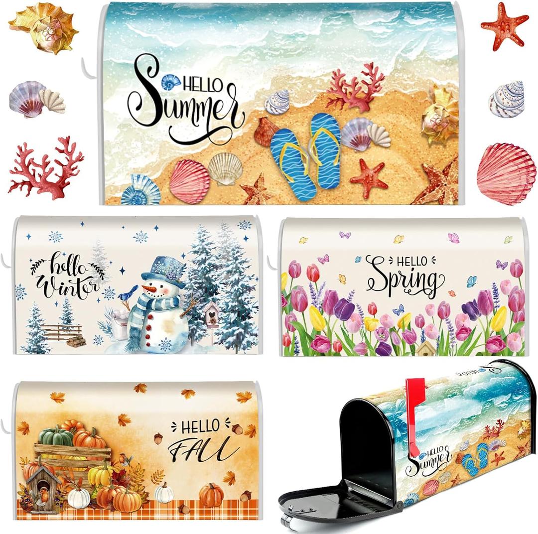 Dispowreath 4 Pcs Mailbox Covers Magnetic Standard Size 18 x 21 Inch Hello Spring Summer Autumn Winter Magnetic Mailbox Covers Wraps for Holiday Christmas Garden Yard Home(Romantic Style) (Beach)
