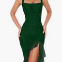 BORIFLORS Women's Sexy Ruched Bodycon Midi Dresses Square Neck Sleeveless Ruffle Hem Club Party Tank Dress, Small, Green 
