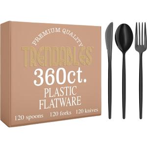 Trendables Black Plastic Silverware Set Black Silverware Disposable Forks and Spoons Disposable 360 Pack Plastic Utensils Set Includes 3 x 120 each Knives & Spoons & Forks For Parties and Events