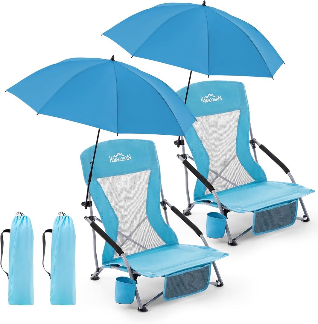Homcosan Portable Low Folding Beach Chairs Set of 2 with Detachable Umbrellas - Lightweight Camping Chairs for Adults with Cup Holder & Storage Pockets, Carry Bag Included (Blue)
