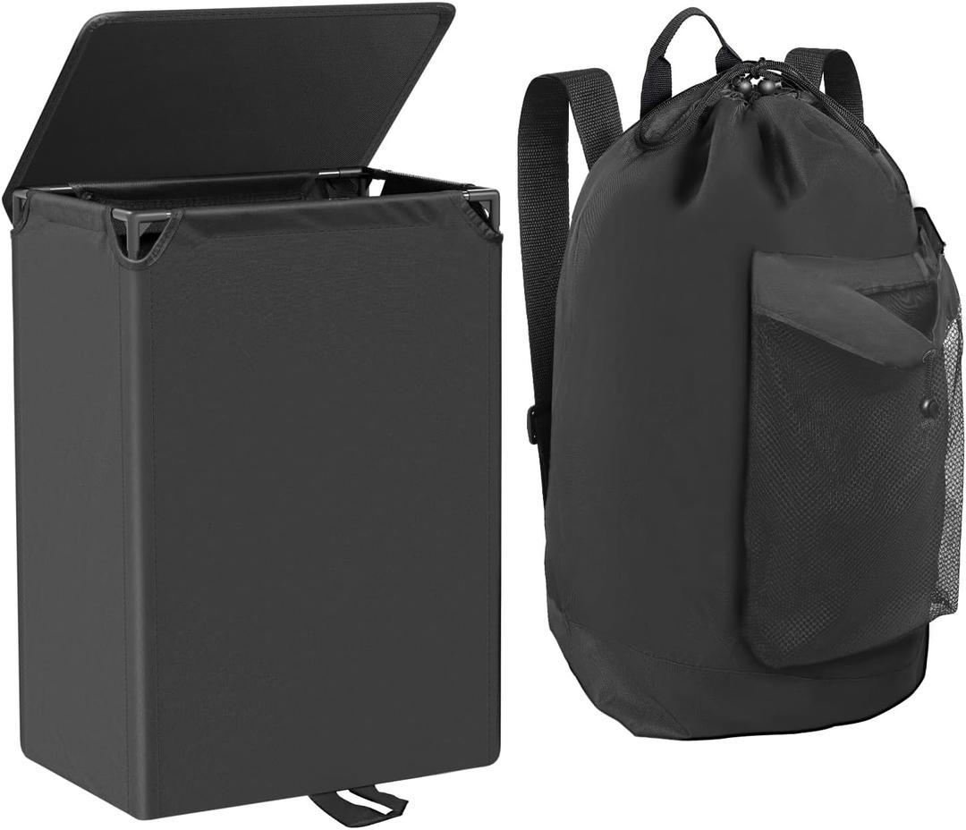 60L 2-in-1 Laundry Hamper with Laundry Backpack, Waterproof Basket with Lid, Laundry Bag with Shoulder Straps and Mesh Pocket, Hamper for College Dorm, Travel, Apartment, Laundromat (Black)